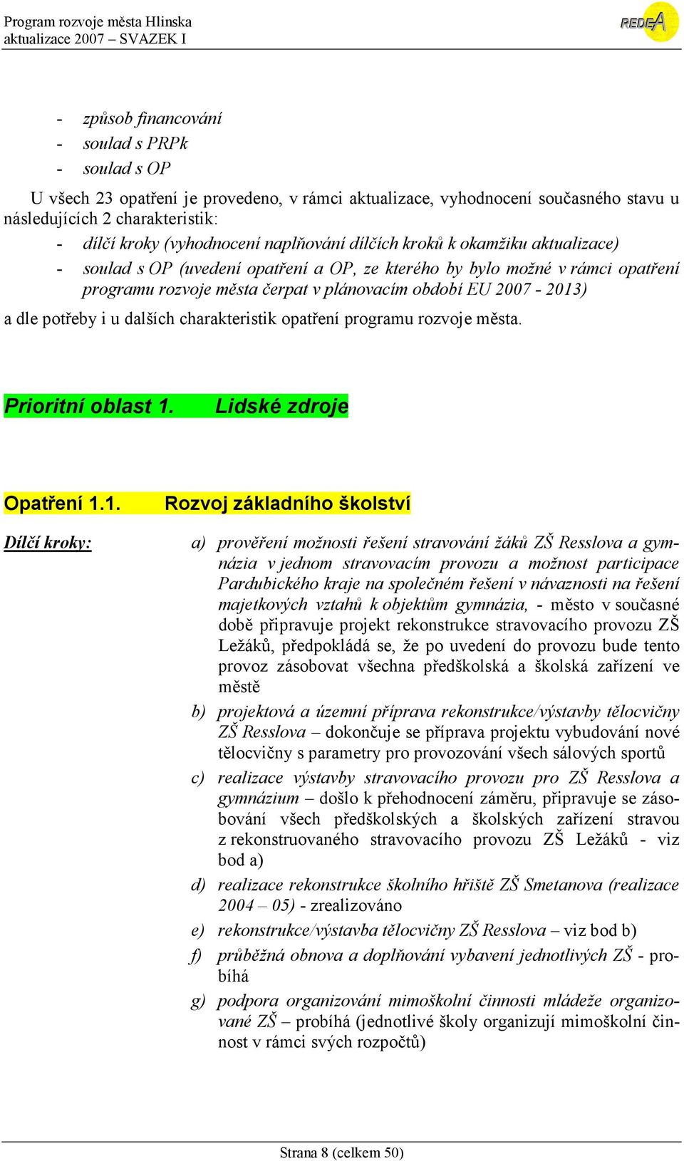 potřeby i u dalších charakteristik opatření programu rozvoje města. Prioritní oblast 1.