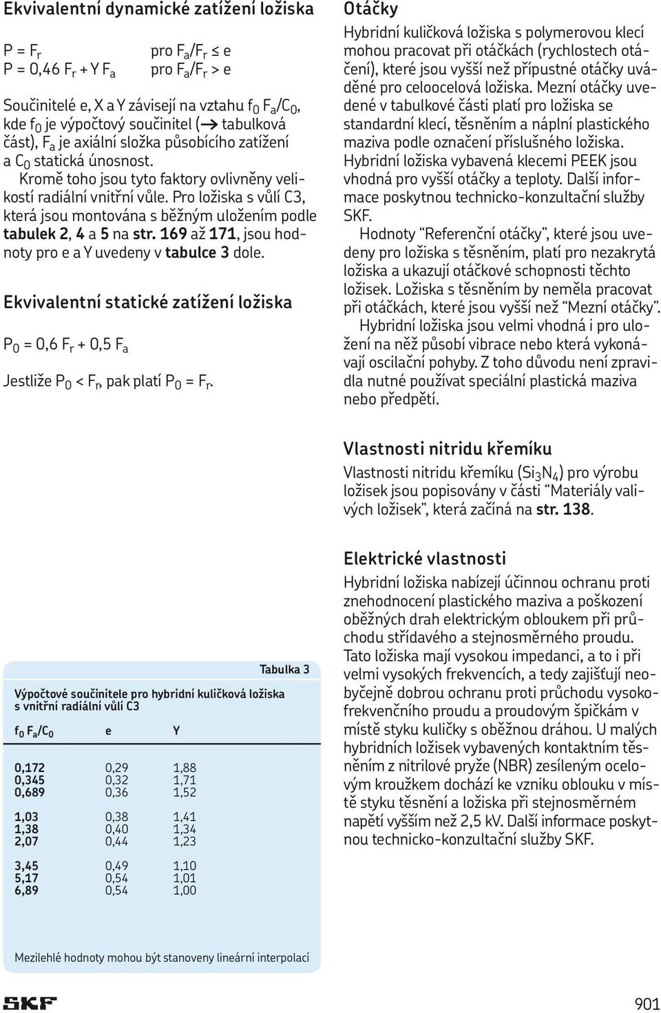 Pro ložiska s vůlí C3, která jsou montována s běžným uložením podle tabulek 2, 4 a 5 na str. 169 až 171, jsou hodnoty pro e a Y uvedeny v tabulce 3 dole.