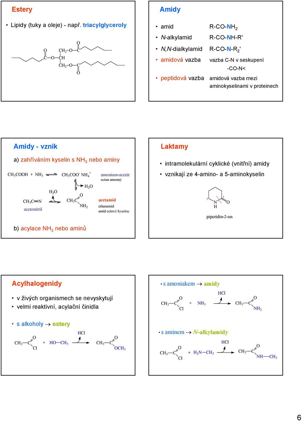Amidy vznik a) zahříváním kyselin s 3 nebo aminy 3 3 3 4 3 acetonitril 2 2 3 2 amoniumacetát octan amonný acetamid ethanamid amid octové kyseliny Laktamy