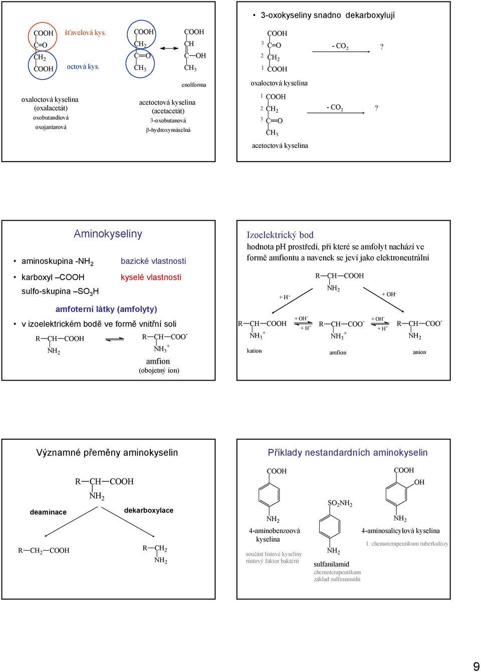 acetoctová kyselina aminoskupina 2 karboxyl sulfoskupina S 3 Aminokyseliny bazické vlastnosti kyselé vlastnosti amfoterní látky (amfolyty) v izoelektrickém bodě ve formě vnitřní soli 2 3 amfion