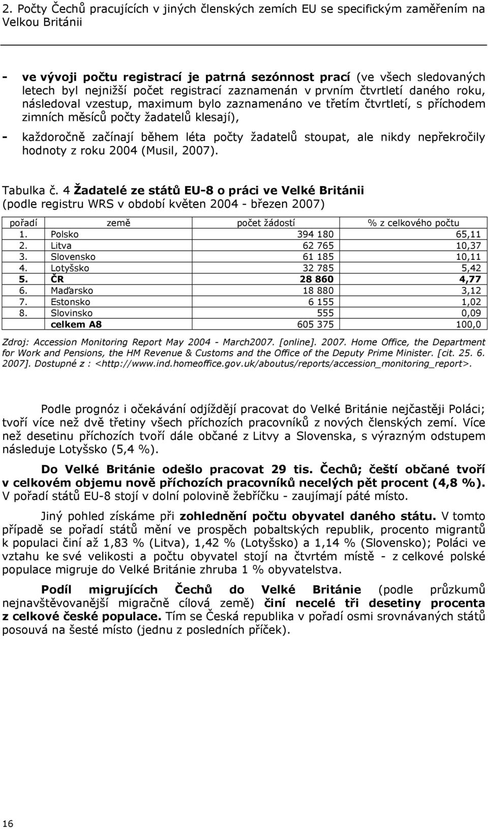 během léta počty žadatelů stoupat, ale nikdy nepřekročily hodnoty z roku 2004 (Musil, 2007). Tabulka č.