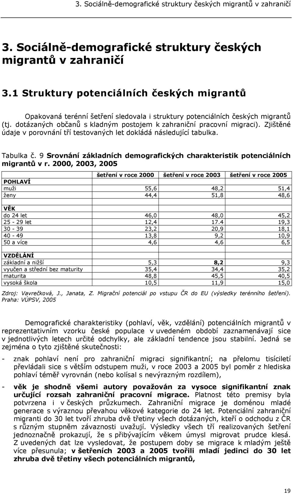 9 Srovnání základních demografických charakteristik potenciálních migrantů v r.