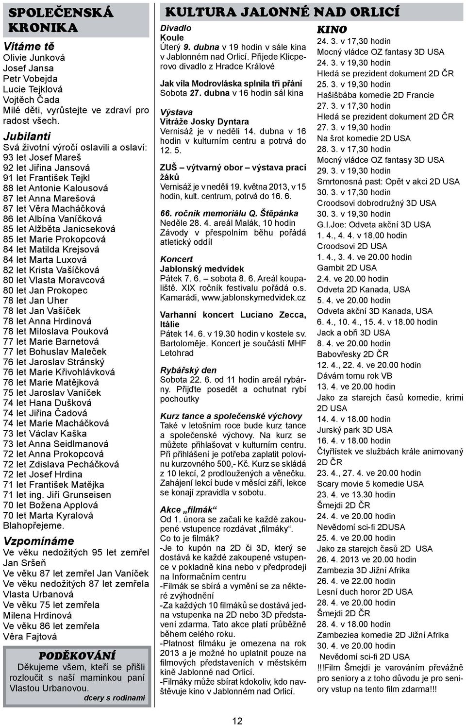 Vaníčková 85 let Alžběta Janicseková 85 let Marie Prokopcová 84 let Matilda Krejsová 84 let Marta Luxová 82 let Krista Vašíčková 80 let Vlasta Moravcová 80 let Jan Prokopec 78 let Jan Uher 78 let Jan