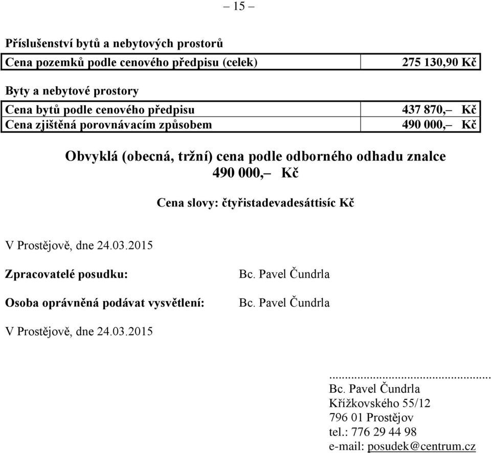 000, Kč Cena slovy: čtyřistadevadesáttisíc Kč V Prostějově, dne 24.03.2015 Zpracovatelé posudku: Osoba oprávněná podávat vysvětlení: Bc.