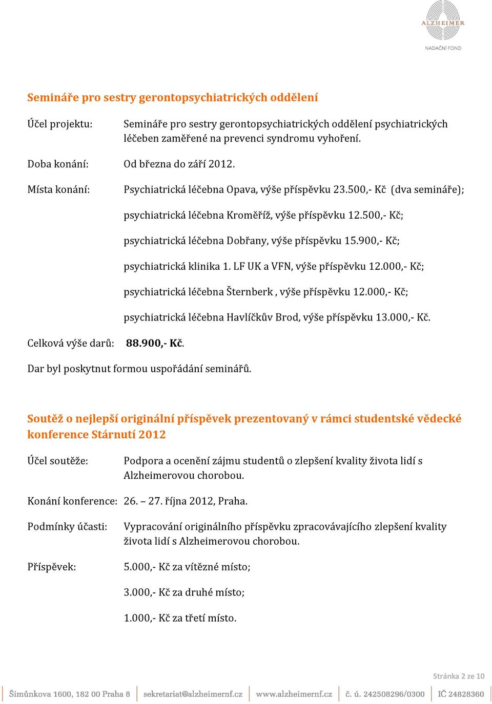 500,- Kč; psychiatrická léčebna Dobřany, výše příspěvku 15.900,- Kč; psychiatrická klinika 1. LF UK a VFN, výše příspěvku 12.000,- Kč; psychiatrická léčebna Šternberk, výše příspěvku 12.