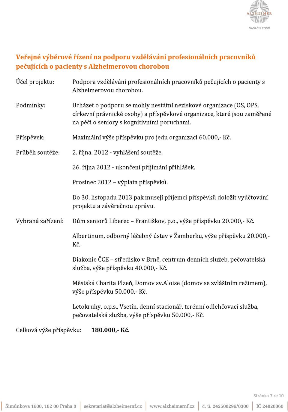 Ucházet o podporu se mohly nestátní neziskové organizace (OS, OPS, církevní právnické osoby) a příspěvkové organizace, které jsou zaměřené na péči o seniory s kognitivními poruchami.