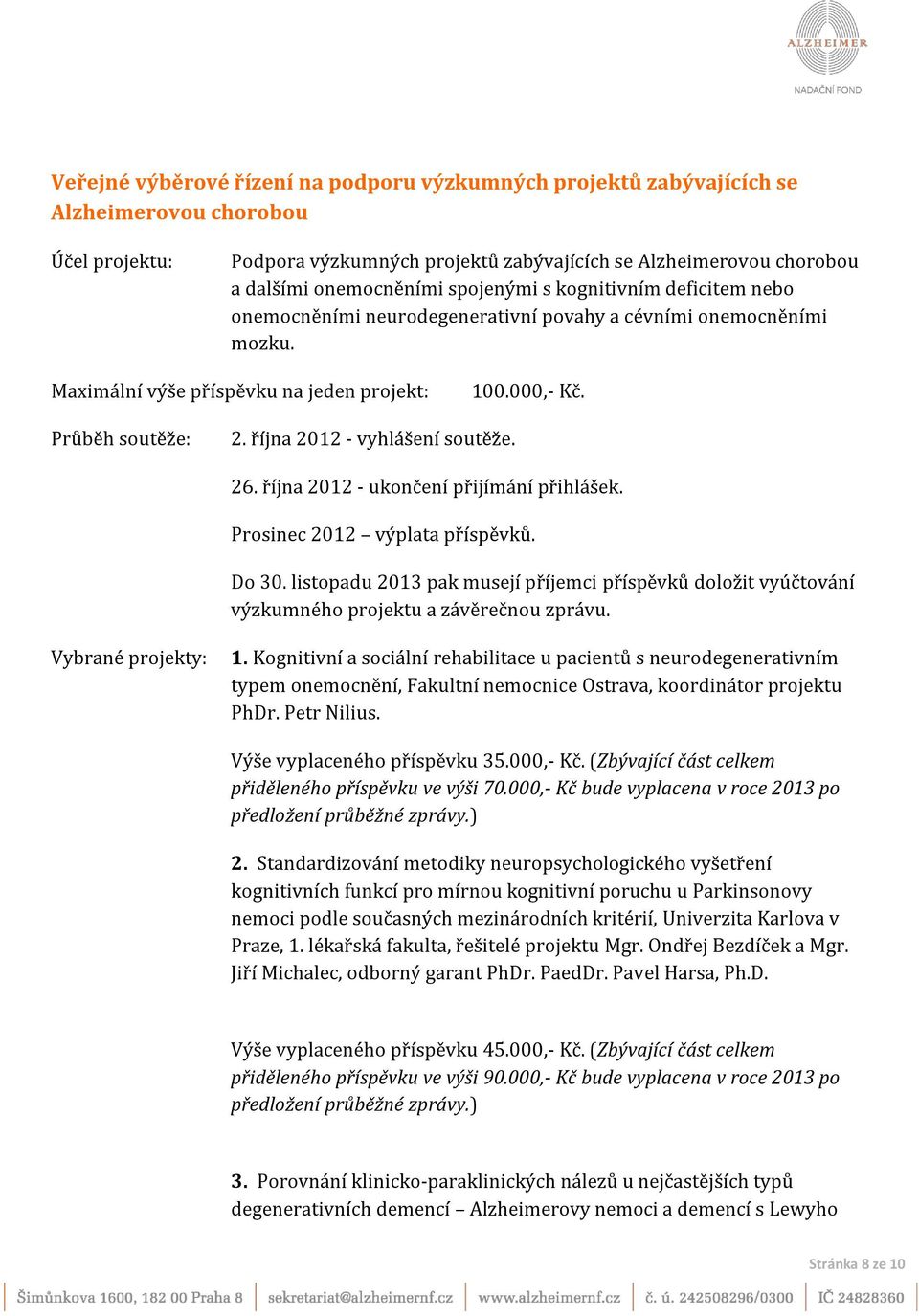 října 2012 - vyhlášení soutěže. 26. října 2012 - ukončení přijímání přihlášek. Prosinec 2012 výplata příspěvků. Do 30.