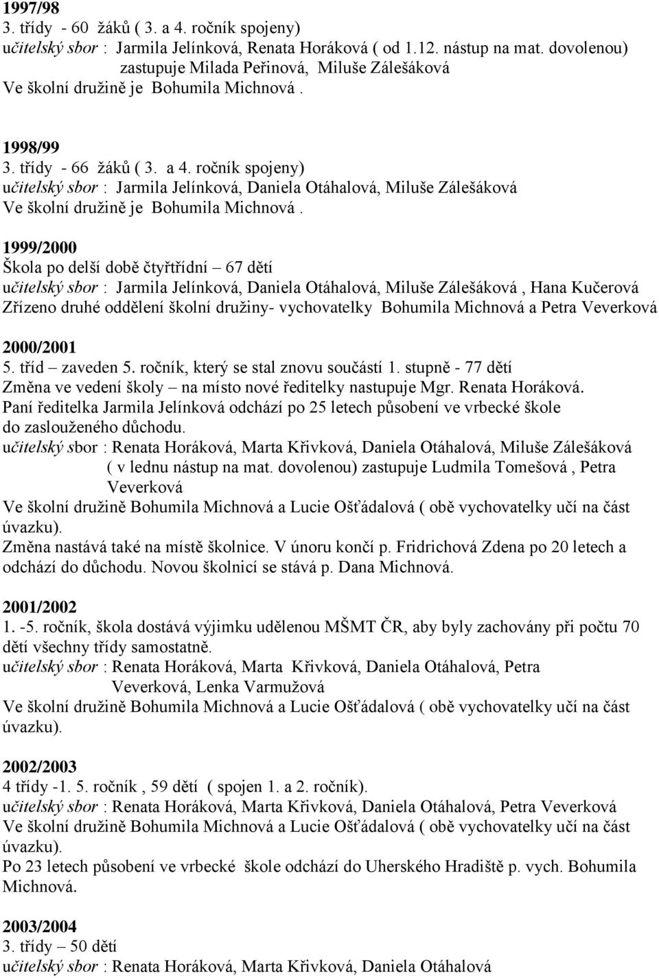 ročník spojeny) učitelský sbor : Jarmila Jelínková, Daniela Otáhalová, Miluše Zálešáková 1999/2000 Škola po delší době čtyřtřídní 67 dětí učitelský sbor : Jarmila Jelínková, Daniela Otáhalová, Miluše