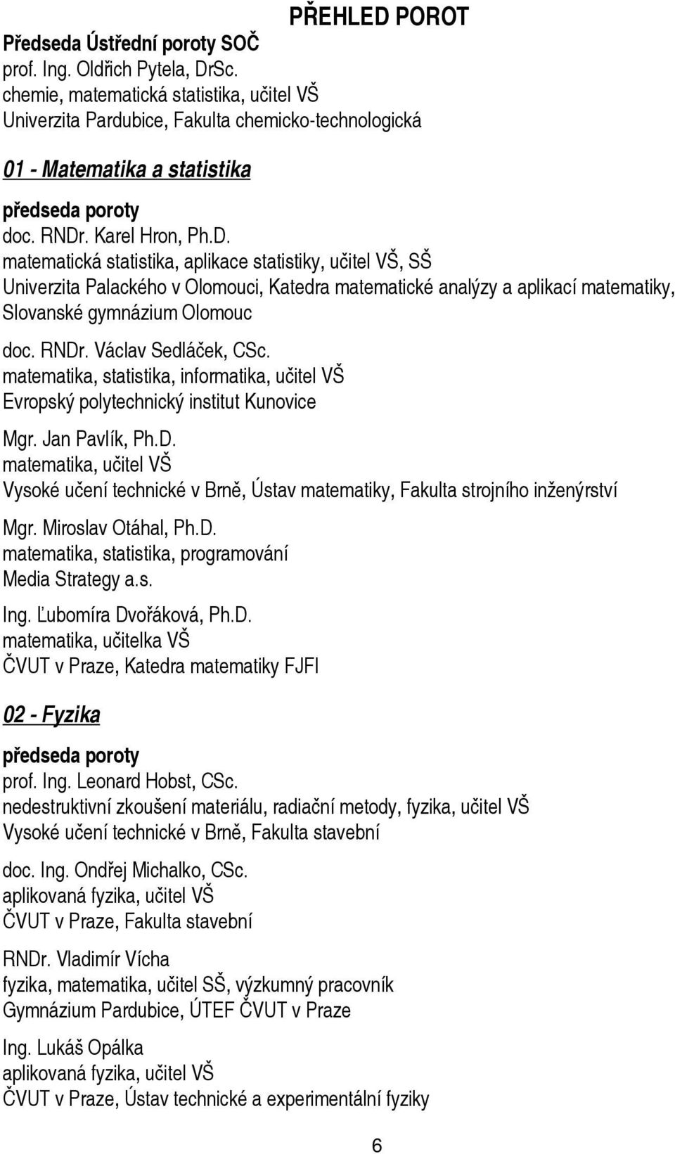 . Karel Hron, Ph.D. matematická statistika, aplikace statistiky, učitel VŠ, SŠ Univerzita Palackého v Olomouci, Katedra matematické analýzy a aplikací matematiky, Slovanské gymnázium Olomouc doc.