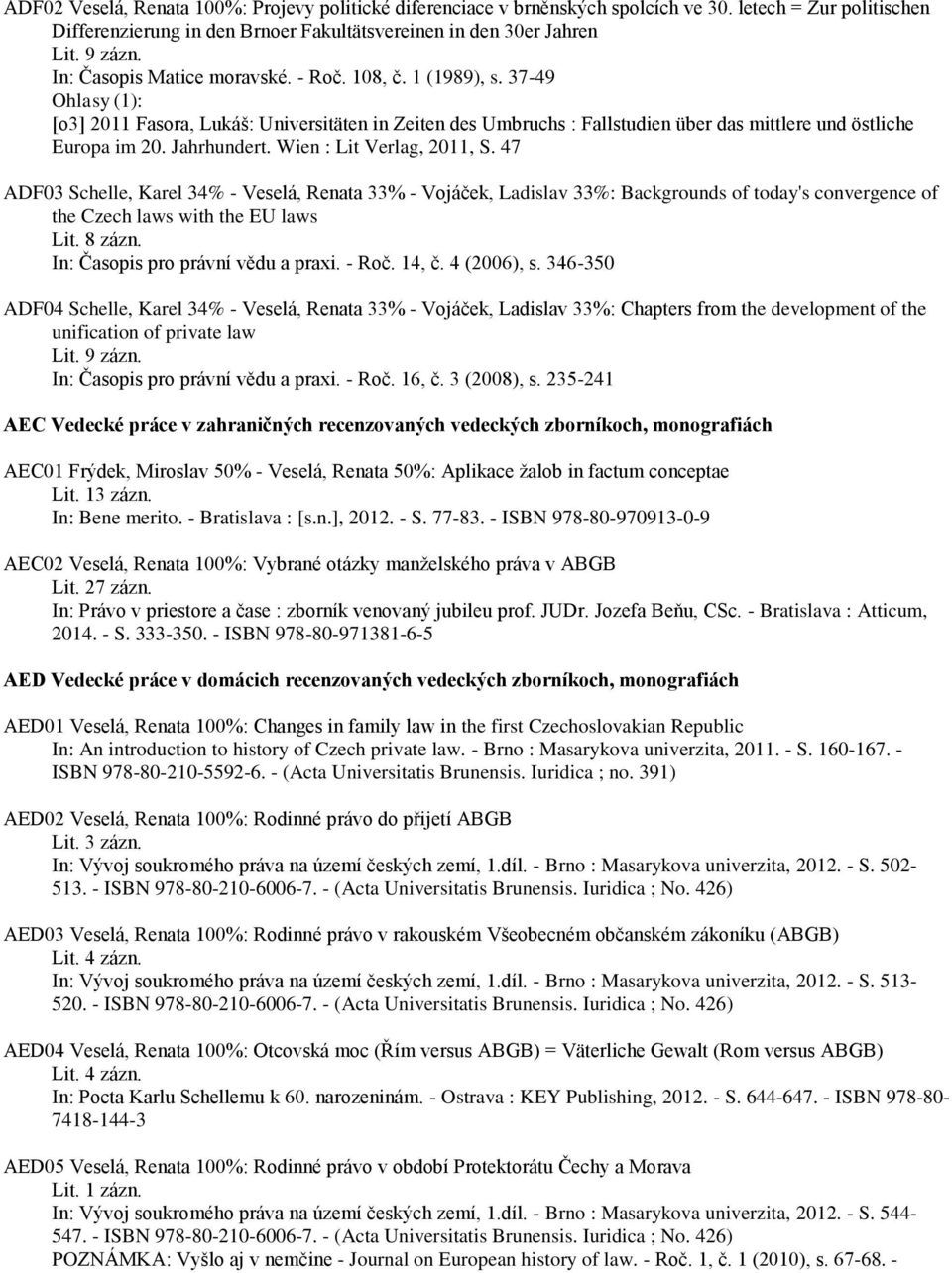 Jahrhundert. Wien : Lit Verlag, 2011, S. 47 ADF03 Schelle, Karel 34% - Veselá, Renata 33% - Vojáček, Ladislav 33%: Backgrounds of today's convergence of the Czech laws with the EU laws Lit. 8 zázn.