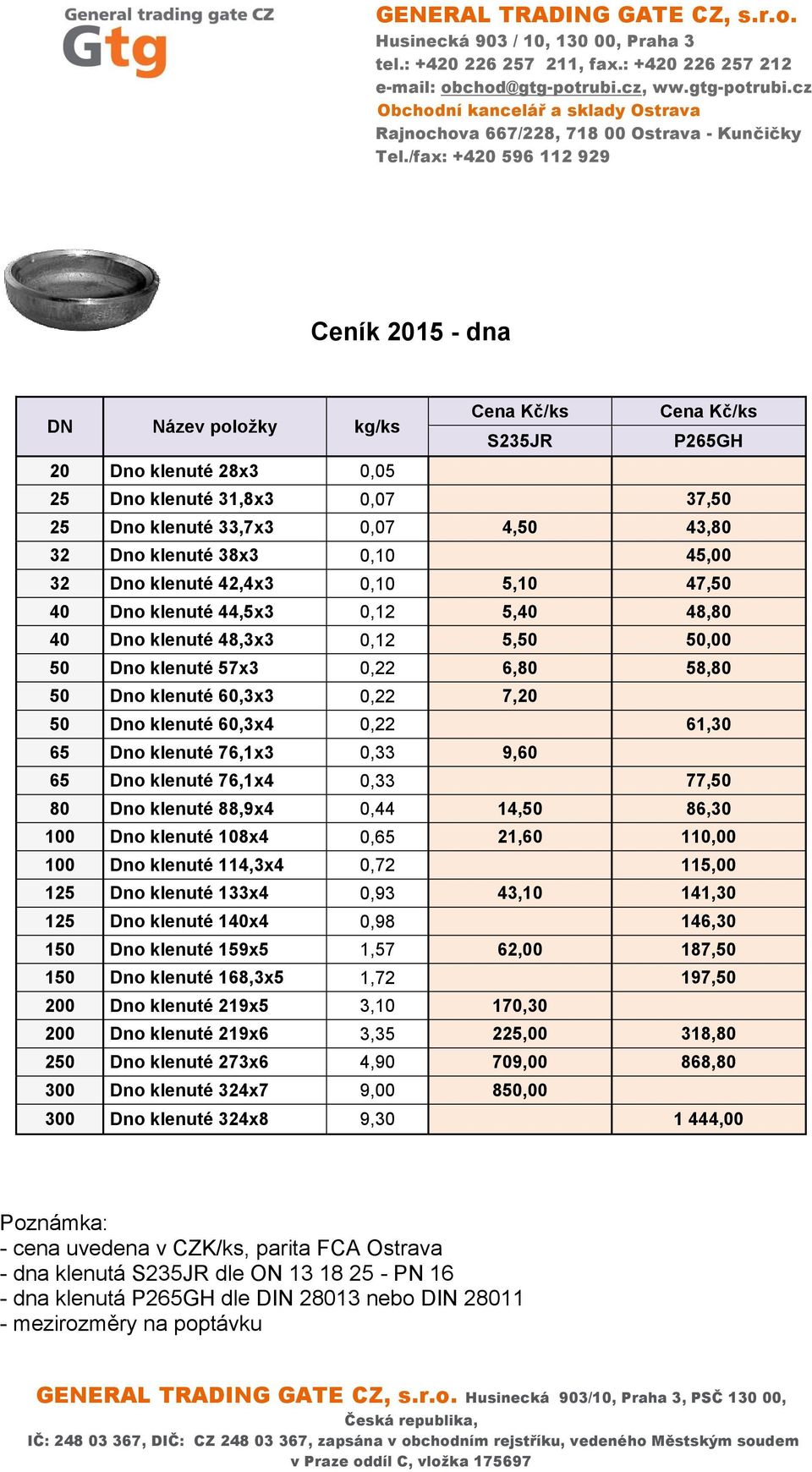 60,3x3 0,22 7,20 50 Dno klenuté 60,3x4 0,22 61,30 65 Dno klenuté 76,1x3 0,33 9,60 65 Dno klenuté 76,1x4 0,33 77,50 80 Dno klenuté 88,9x4 0,44 14,50 86,30 100 Dno klenuté 108x4 0,65 21,60 110,00 100