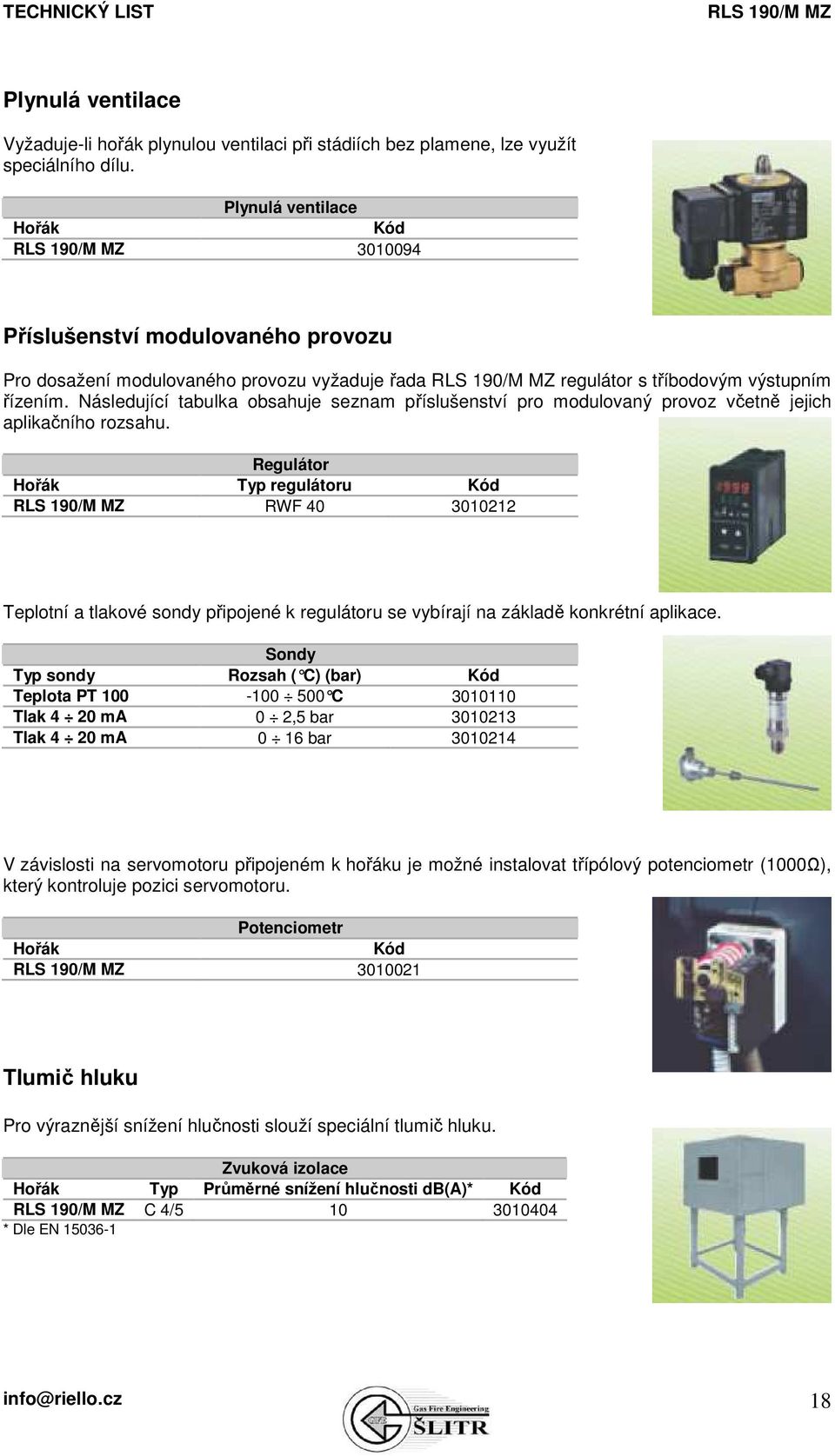 Následující tabulka obsahuje seznam příslušenství pro modulovaný provoz včetně jejich aplikačního rozsahu.