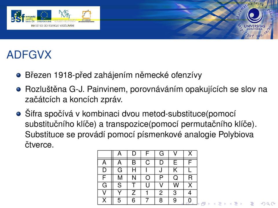 Šifra spočívá v kombinaci dvou metod-substituce(pomocí substitučního klíče) a transpozice(pomocí