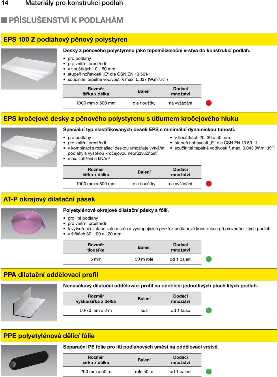 K -1 ) Rozměr šířka x délka 1000 mm x 500 mm dle tloušťky na vyžádání EPS kročejové desky z pěnového polystyrenu s útlumem kročejového hluku Speciální typ elastifikovaných desek EPS s minimální