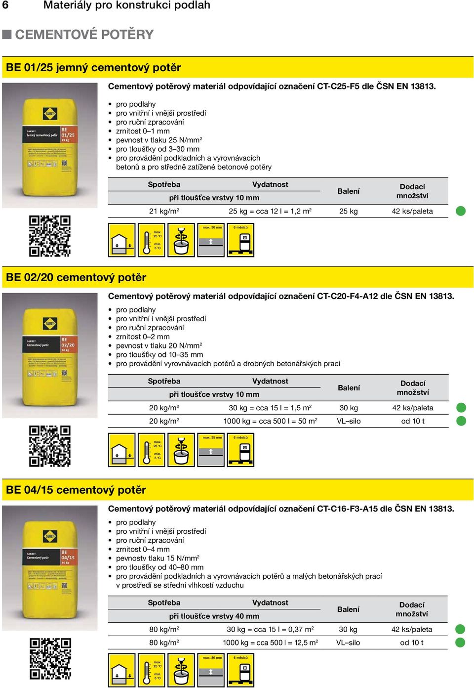 2 25 kg = cca 12 l = 1,2 m 2 25 kg 42 ks/paleta 2 30 mm BE 02/20 cementový potěr Cementový potěrový materiál odpovídající označení CT-C20-F4-A12 dle ČSN EN 13813.