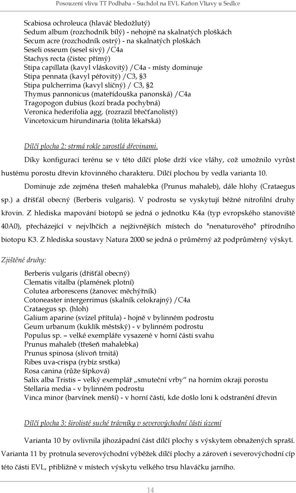 /C4a Tragopogon dubius (kozí brada pochybná) Veronica hederifolia agg. (rozrazil břečťanolistý) Vincetoxicum hirundinaria (tolita lékařská) Dílčí plocha 2: strmá rokle zarostlá dřevinami.