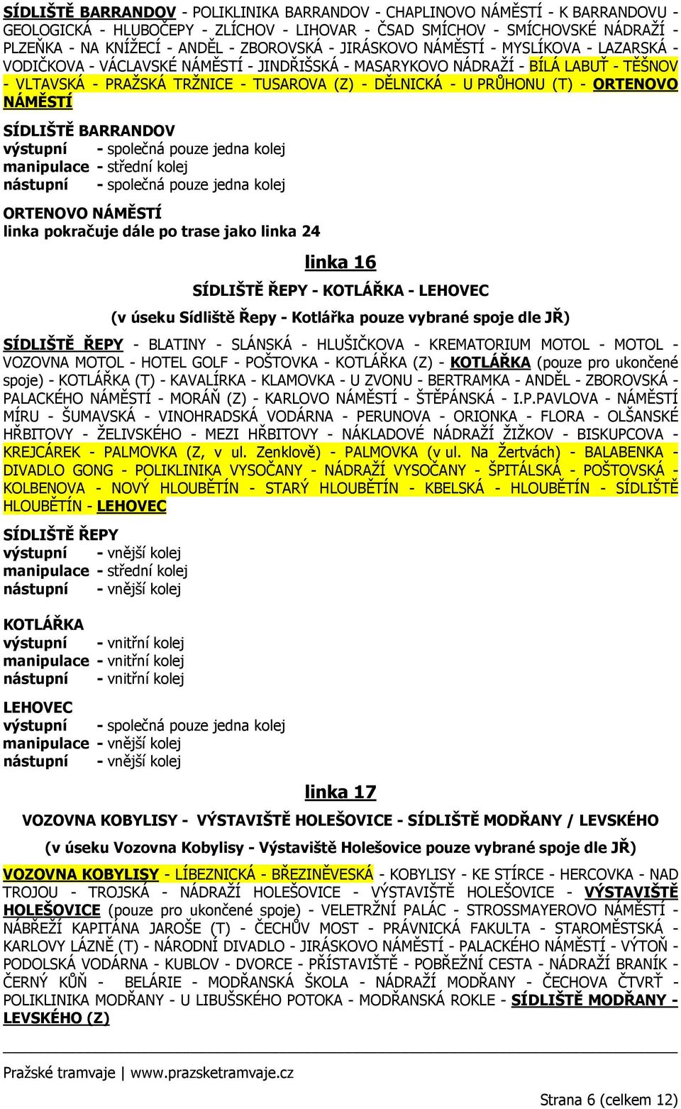 PRŮHONU (T) - ORTENOVO NÁMĚSTÍ SÍDLIŠTĚ BARRANDOV ORTENOVO NÁMĚSTÍ linka pokračuje dále po trase jako linka 24 linka 16 SÍDLIŠTĚ ŘEPY - KOTLÁŘKA - LEHOVEC (v úseku Sídliště Řepy - Kotlářka pouze