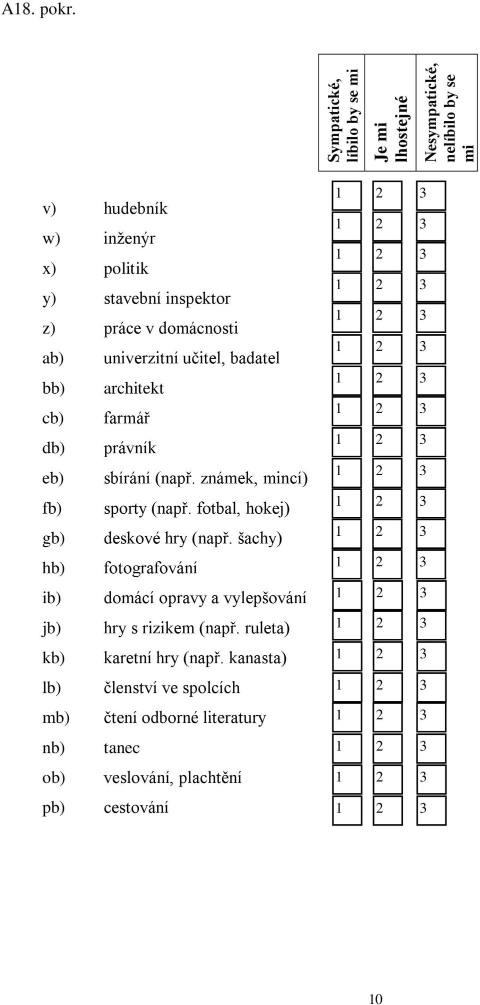 db) právník eb) sbírání (např. známek, mincí) fb) sporty (např. fotbal, hokej) gb) deskové hry (např.