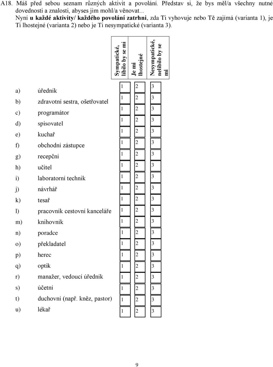 .. Nyní u každé aktivity/ každého povolání zatrhni, zda Ti vyhovuje nebo Tě zajímá (varianta ), je Ti lhostejné (varianta ) nebo je Ti nesympatické (varianta ).