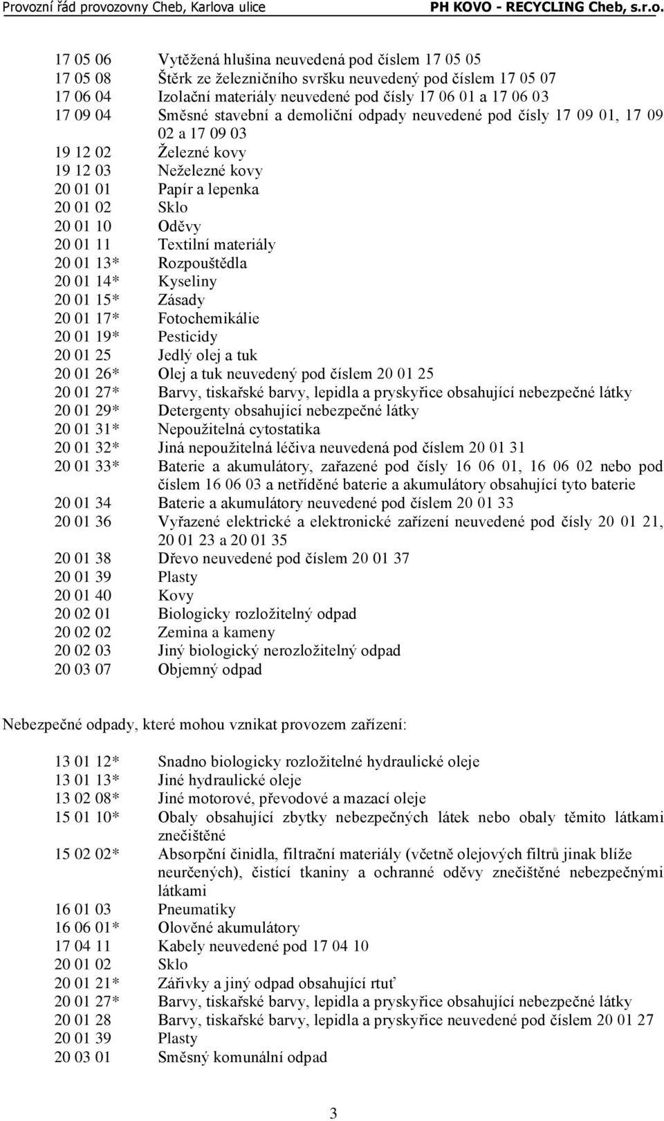 Textilní materiály 20 01 13* Rozpouštědla 20 01 14* Kyseliny 20 01 15* Zásady 20 01 17* Fotochemikálie 20 01 19* Pesticidy 20 01 25 Jedlý olej a tuk 20 01 26* Olej a tuk neuvedený pod číslem 20 01 25