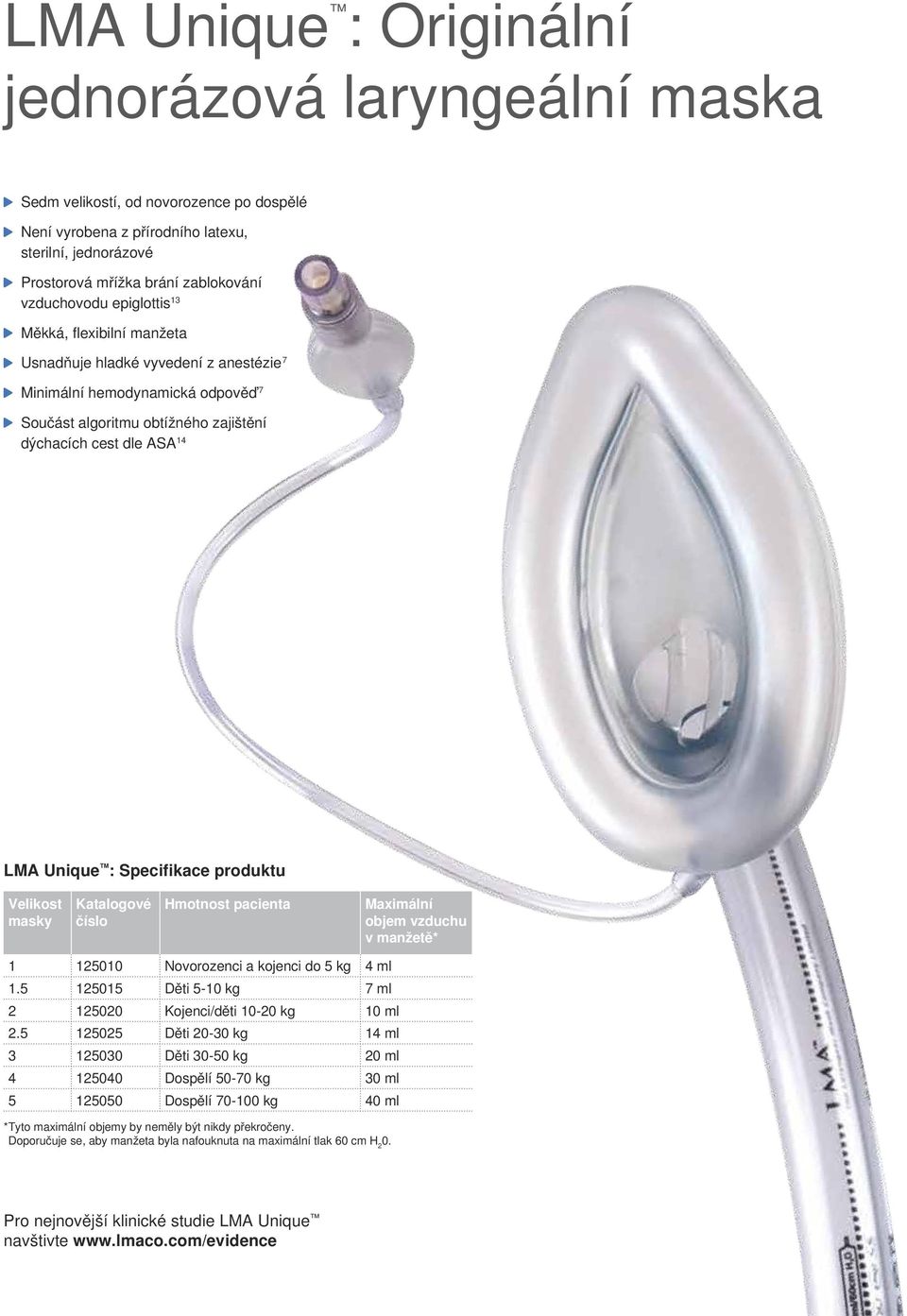 Unique : Specifikace produktu Velikost masky číslo Hmotnost pacienta Maximální objem vzduchu v manžetě* 1 125010 Novorozenci a kojenci do 5 kg 4 ml 1.