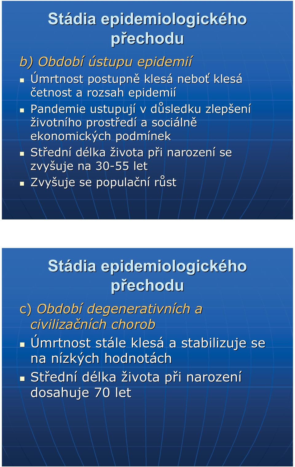 narození se zvyšuje na 30-55 let Zvyšujesepopula populační růst Stádia epidemiologického přechodu c) Období degenerativních a