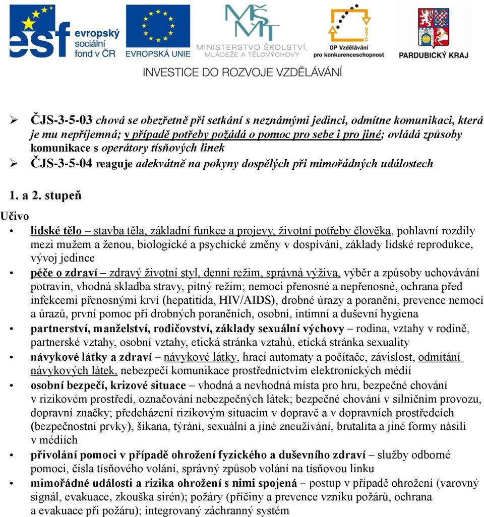 stupeň Učivo lidské tělo stavba těla, základní funkce a projevy, životní potřeby člověka, pohlavní rozdíly mezi mužem a ženou, biologické a psychické změny v dospívání, základy lidské reprodukce,