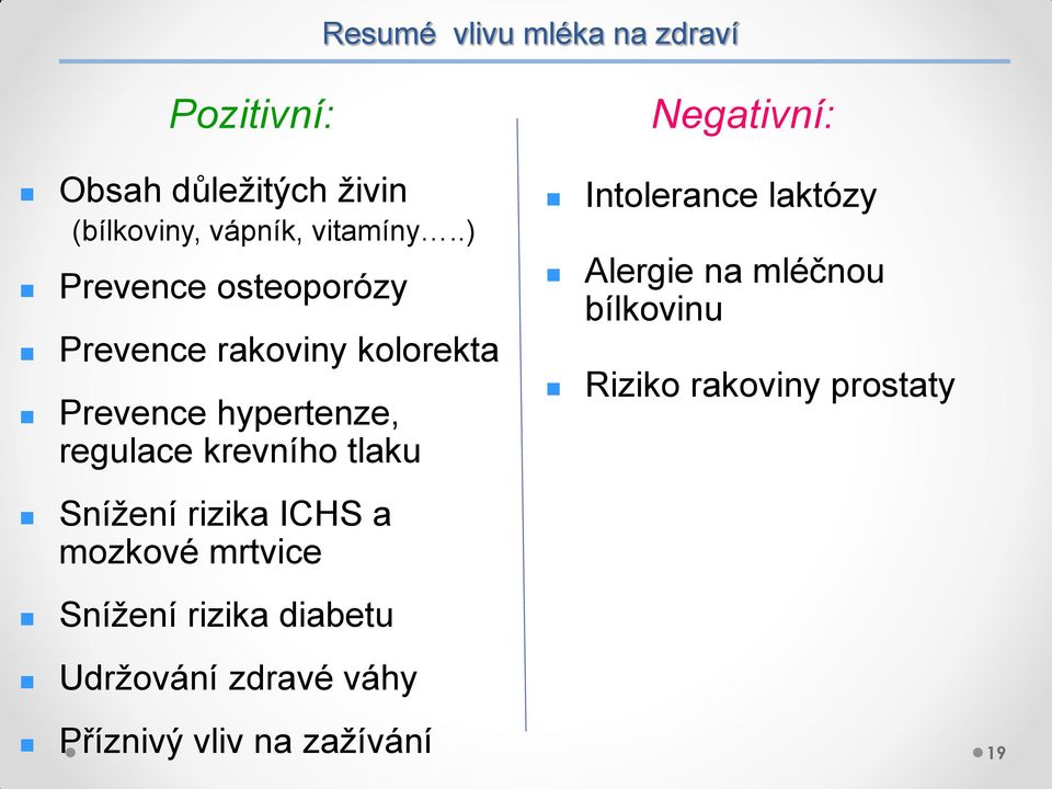 Snížení rizika ICHS a mozkové mrtvice Snížení rizika diabetu Negativní: Intolerance laktózy