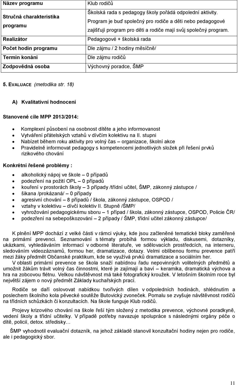 Pedagogové + školská rada Dle zájmu / 2 hodiny měsíčně/ Dle zájmu rodičů Výchovný poradce, ŠMP 5. EVALUACE (metodika str.