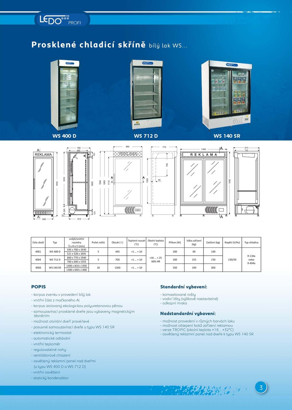 možnost otvírání dveří pravé/levé - posuvné samouzavírací dveře u typu WS 140 SR - elektronický termostat - automatické odtávání - vnitřní teploměr - regulovatelné nohy -
