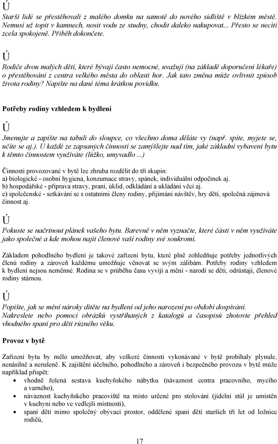 Jak tato změna může ovlivnit způsob života rodiny? Napište na dané téma krátkou povídku. Potřeby rodiny vzhledem k bydlení Jmenujte a zapište na tabuli do sloupce, co všechno doma děláte vy (např.