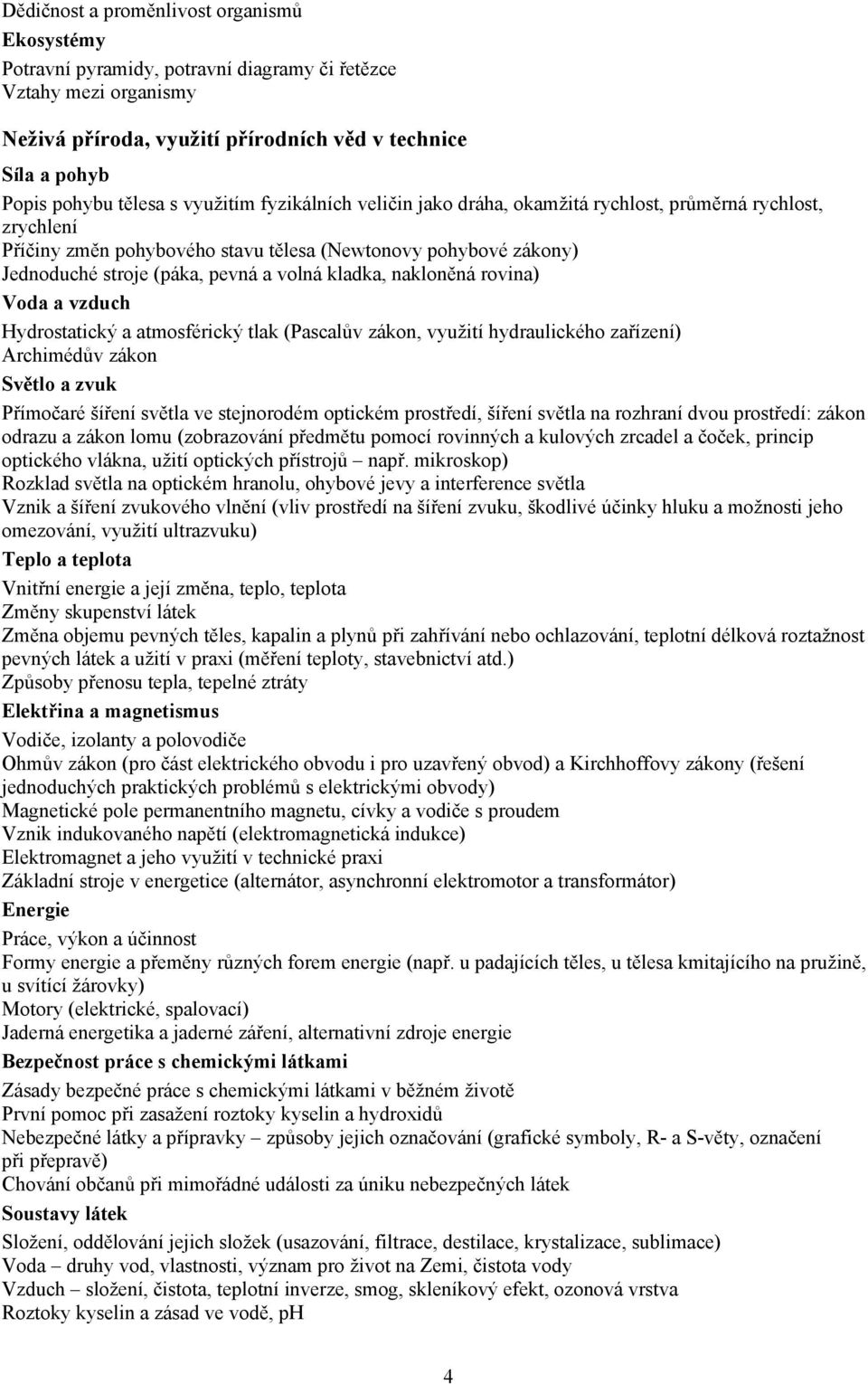 kladka, nakloněná rovina) Voda a vzduch Hydrostatický a atmosférický tlak (Pascalův zákon, využití hydraulického zařízení) Archimédův zákon Světlo a zvuk Přímočaré šíření světla ve stejnorodém