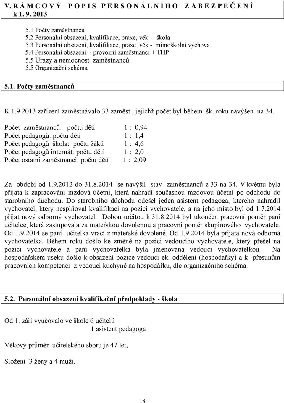 Počty zaměstnanců K 1.9.2013 zařízení zaměstnávalo 33 zaměst., jejichž počet byl během šk. roku navýšen na 34.