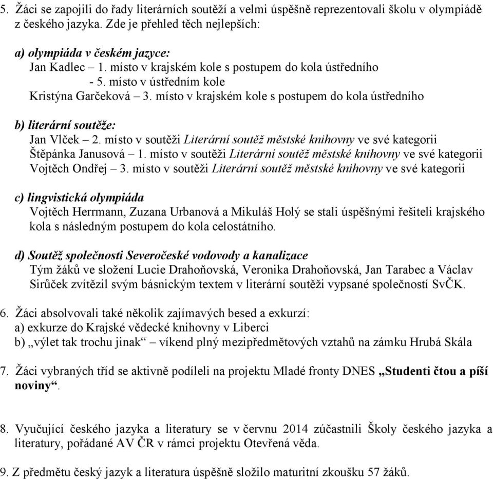 místo v soutěţi Literární soutěž městské knihovny ve své kategorii Štěpánka Janusová 1. místo v soutěţi Literární soutěž městské knihovny ve své kategorii Vojtěch Ondřej 3.