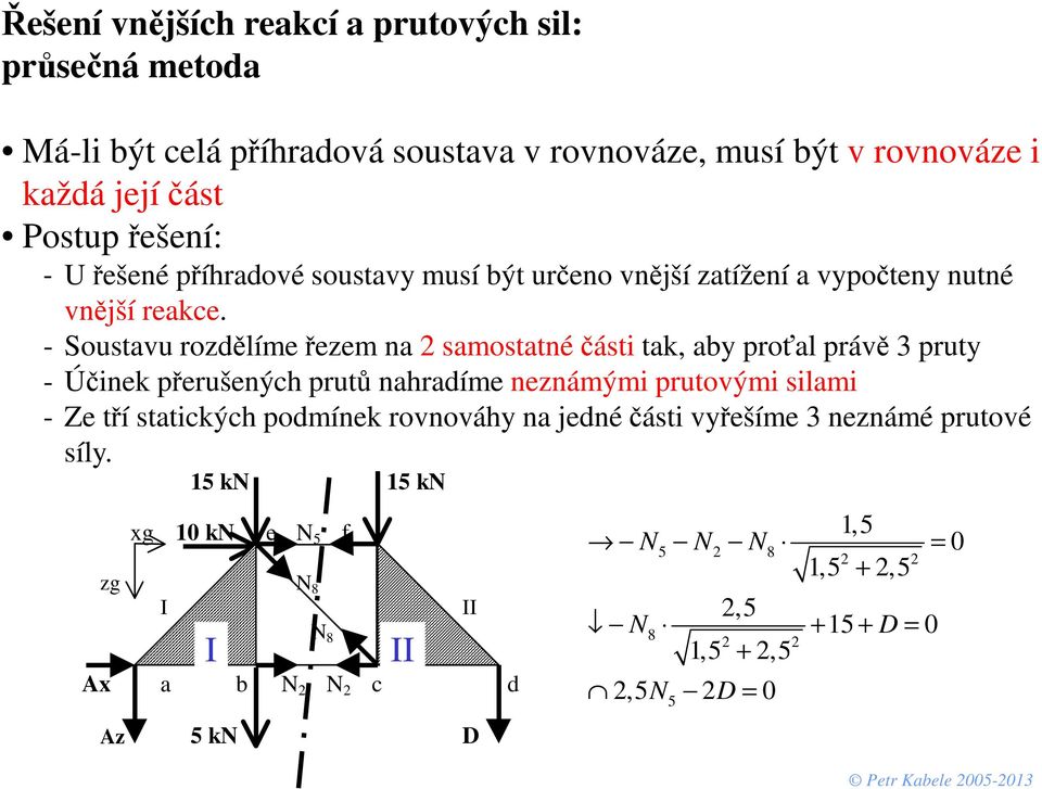 - Soustavu rozdělíme řezem na 2 samostatné části tak, aby proťal právě 3 pruty - Účinek přerušených prutů nahradíme neznámými prutovými silami - Ze tří