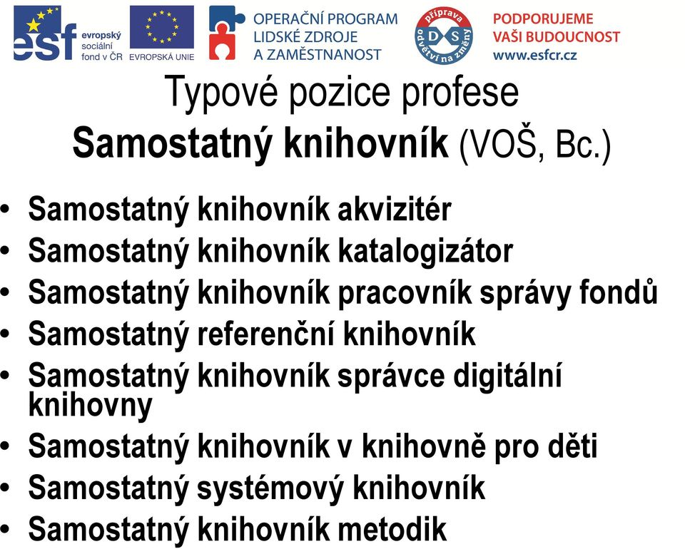 knihovník pracovník správy fondů Samostatný referenční knihovník Samostatný knihovník