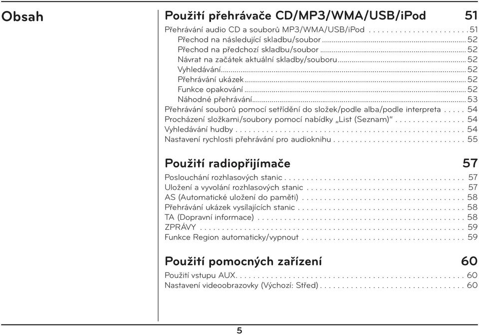 .. 53 Přehrávání souborů pomocí setřídění do složek/podle alba/podle interpreta..... 54 Procházení složkami/soubory pomocí nabídky List (Seznam)................ 54 Vyhledávání hudby.