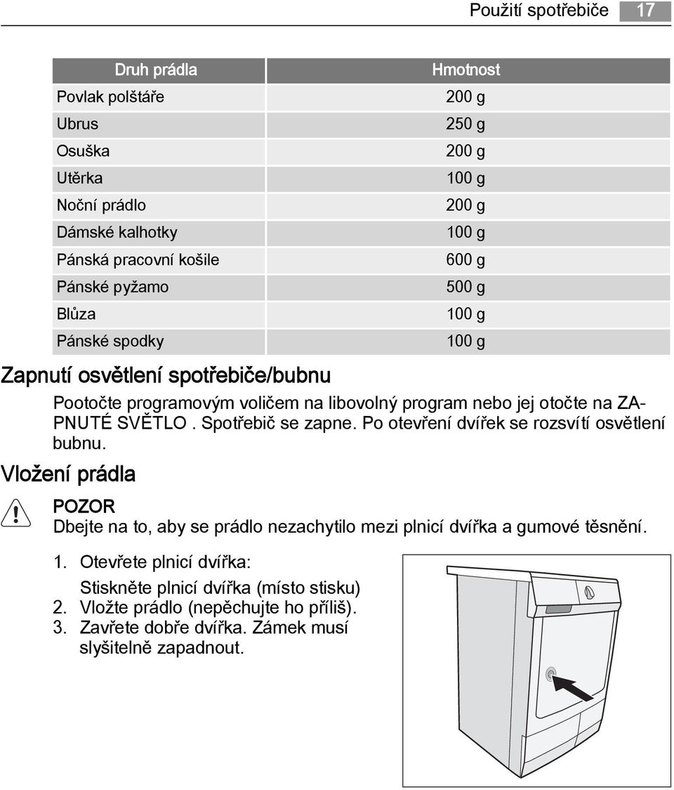 SVĚTLO. Spotřebič se zapne. Po otevření dvířek se rozsvítí osvětlení bubnu.