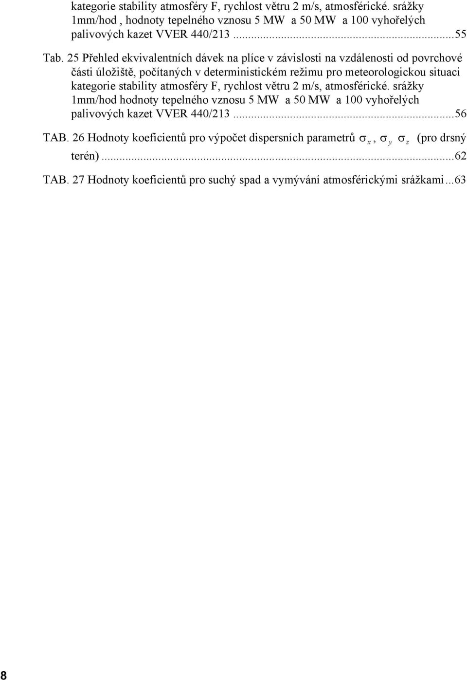 25 Přehled ekvivalentních dávek na plíce v závislosti na vzdálenosti od povrchové části úložiště, počítaných v deterministickém režimu pro meteorologickou situaci kategorie