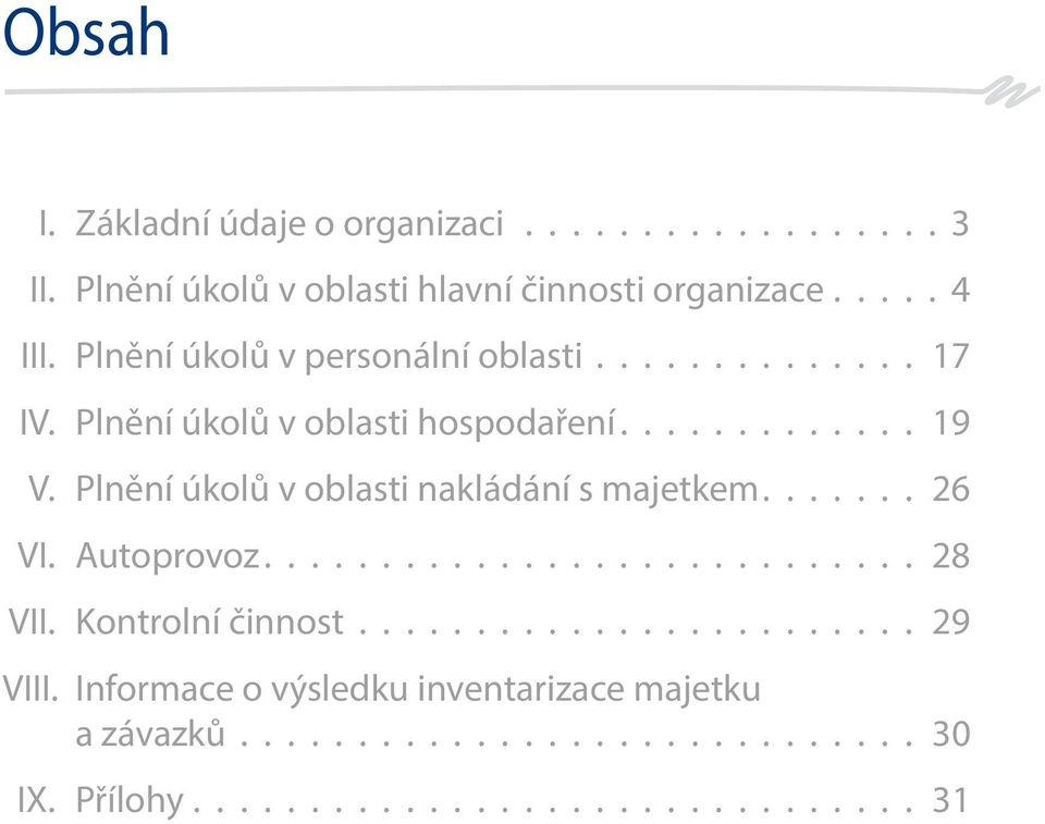 Plnění úkolů v oblasti nakládání s majetkem....... 26 VI. Autoprovoz............................ 28 VII. Kontrolní činnost.