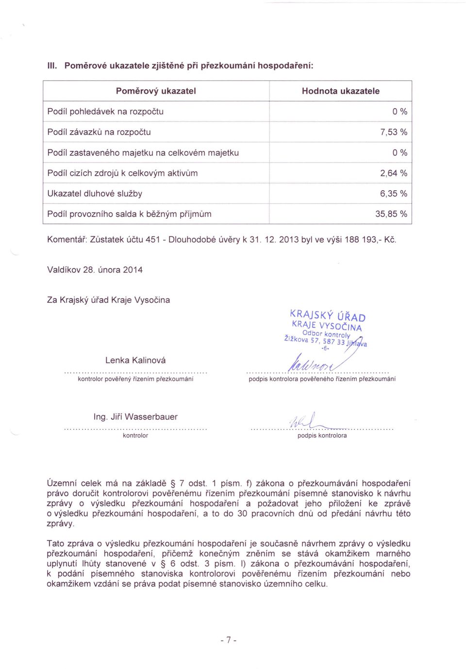 Podíl provozního salda k běžným příjmům 35,85 % Komentář: Zůstatek účtu 451 - Dlouhodobé úvěry k 31. 12. 2013 byl ve výši 188 193,- Kč. Valdíkov 28.