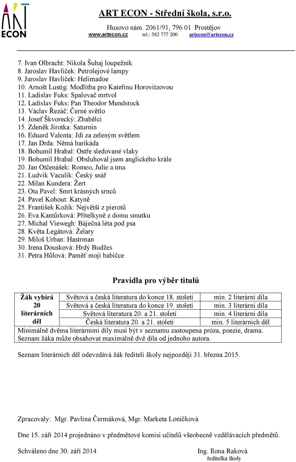 Eduard Valenta: Jdi za zeleným světlem 17. Jan Drda: Němá barikáda 18. Bohumil Hrabal: Ostře sledované vlaky 19. Bohumil Hrabal: Obsluhoval jsem anglického krále 20.