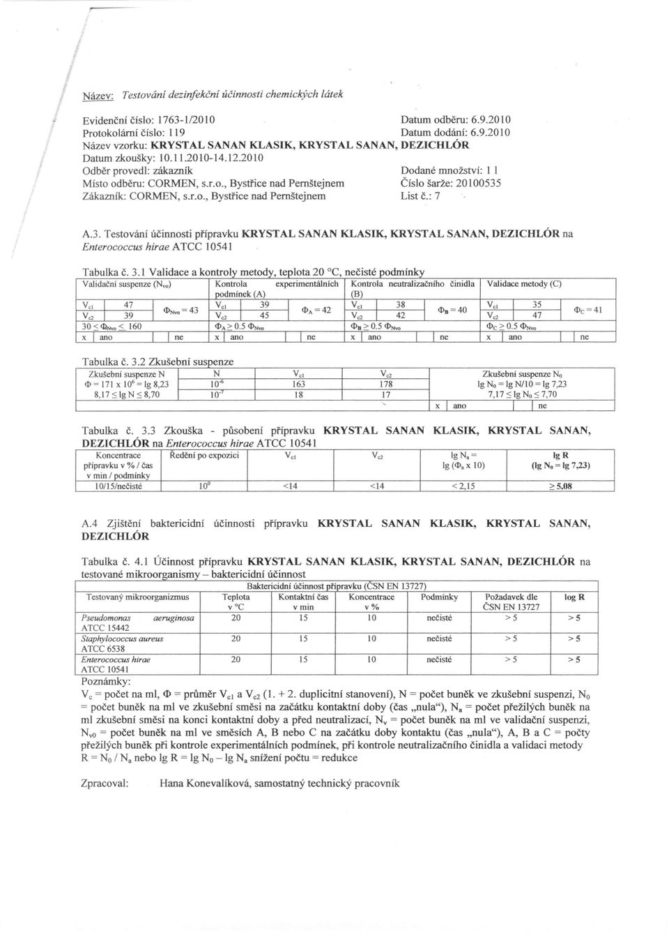 Testování účinnosti přípravku KRYSTAL SANAN KLASIK, KRYSTAL SANAN, DEZICHLÓR na Enterococcus hirae ATeC 10541 Tabulka Č. 3.