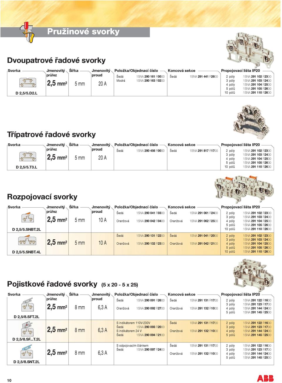 L 1SNA 291 110 R2600 Třípatrové řadové svorky Svorka Jmenovitý Šířka Jmenovitý Položka/Objednací číslo Koncová sekce Propojovací lišta IP20 proud 1SNA 290 456 R0000 1SNA 291 817 R1700 2 póly 1SNA 291