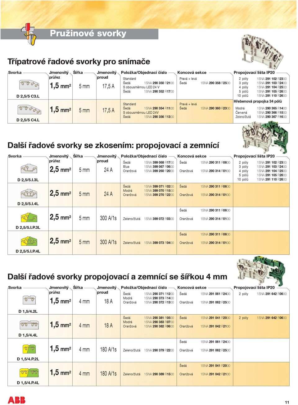 L 1SNA 291 110 R2600 Hřebenová propojka 34 pólů Standard Pravá + levá 1SNA 290 354 R1100 1SNA 290 360 R2300 Modrá 1SNA 290 365 R1400 5 mm 17,5 A S obousměrnou LED 24V Červená 1SNA 290 366 R1500 1SNA