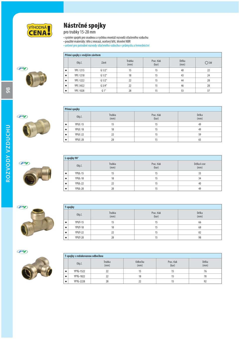 YPC-1028 G 1" 28 15 53 37 SW roz vody VZDUCHU Přímé spojky YPUC-15 15 15 49 YPUC-18 18 15 49 YPUC-22 22 15 59 YPUC-28 28 15 65 L-spojky 90 k ose YPUL-15 15 15 33 YPUL-18 18 15 34 YPUL-22 22 15 40