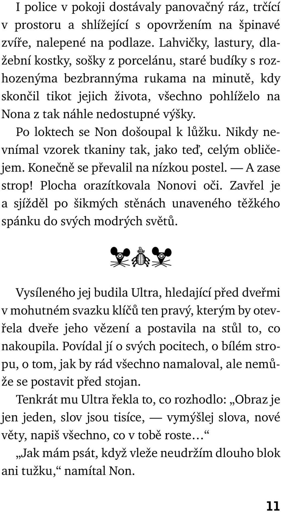 Po loktech se Non došoupal k lůžku. Nikdy nevnímal vzorek tkaniny tak, jako teď, celým obličejem. Konečně se převalil na nízkou postel. A zase strop! Plocha orazítkovala Nonovi oči.