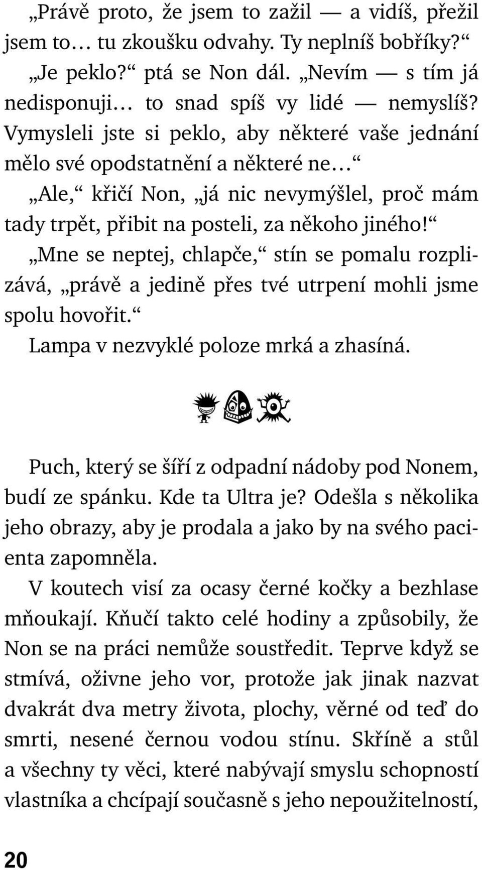 Mne se neptej, chlapče, stín se pomalu rozplizává, právě a jedině přes tvé utrpení mohli jsme spolu hovořit. Lampa v nezvyklé poloze mrká a zhasíná.