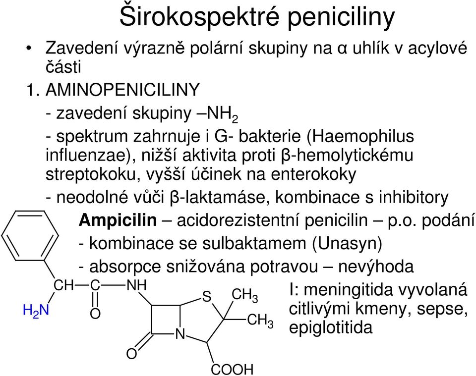 β-hemolytickému streptokoku, vyšší účinek na enterokoky - neodolné vůči β-laktamáse, kombinace s inhibitory Ampicilin