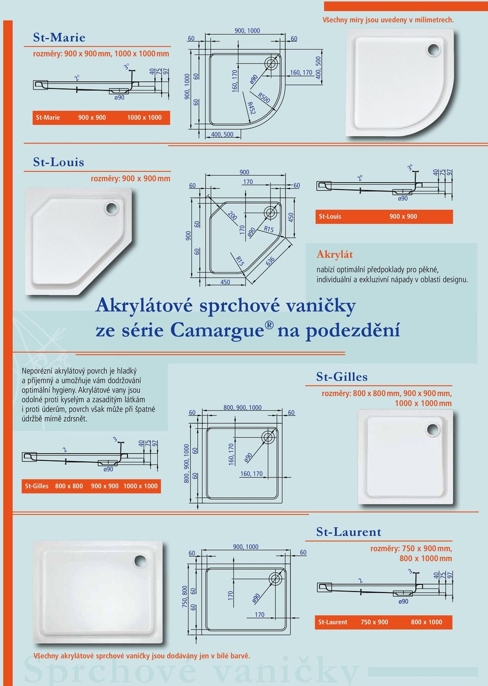 Akrylátové sprchové vaničky ze série Camargue na podezdění R15 R15 66 66 450 450 Neporézní akrylátový povrch je hladký a příjemný a umožňuje vám dodržování optimální hygieny.